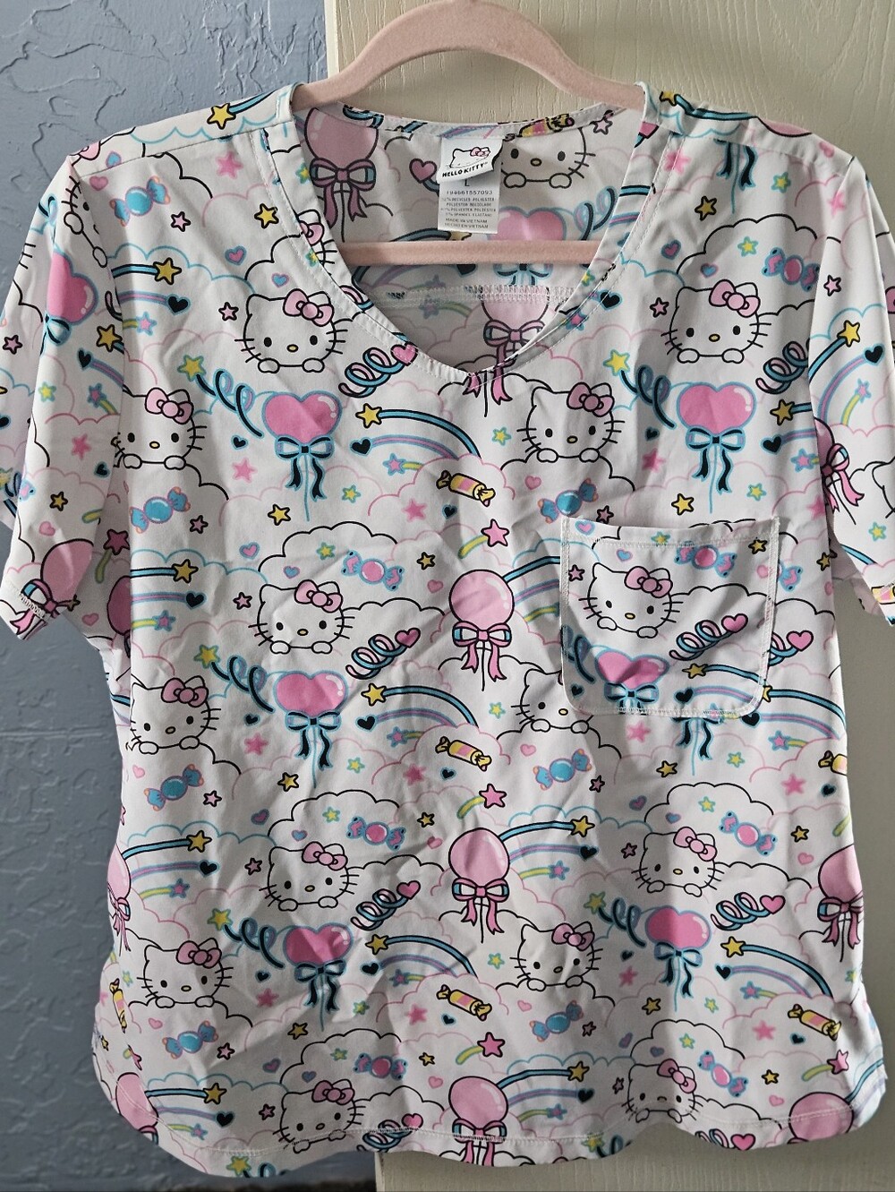 Hello Kitty White *RARE SCRUB TOP* with Pink & Blue Accents NEVER WORN